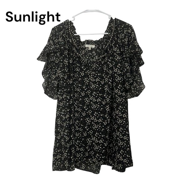 Max Studio Womens 3X Floral Ruffle Sleeve Top Blouse Black-Beige Polyester - Picture 1 of 10